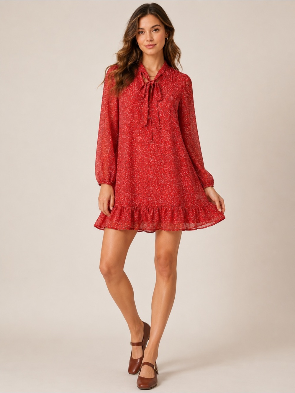 Free People Sheer Floral Red Tie Neck Ruffled Hem Cottagecore DateNight Sz Small
